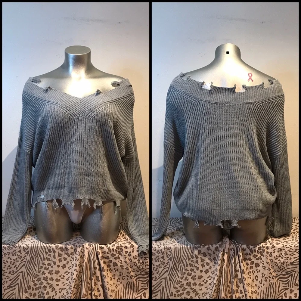 Plus Gray Distressed Sweater